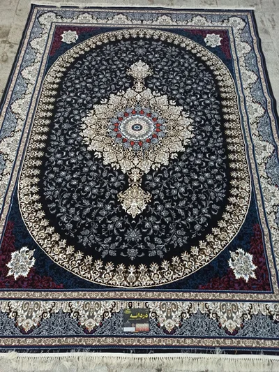 فرش ماشینی ارزان قیمت نقشه آیلار زمینه سرمه ای