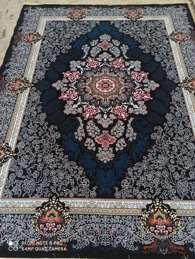 فرش ماشینی ارزان قیمت نقشه گلسا زمینه سرمه ای