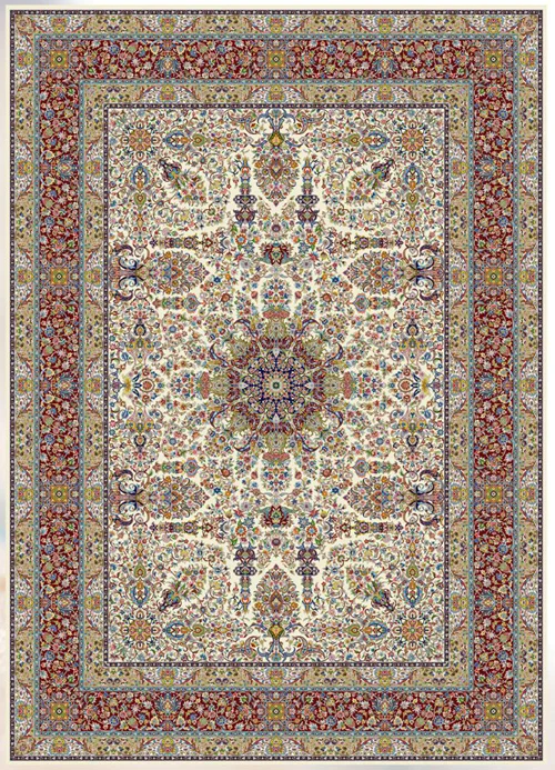 فرش ماشینی پشم ابریشم 1200 شانه زمینه کرم  کد3250